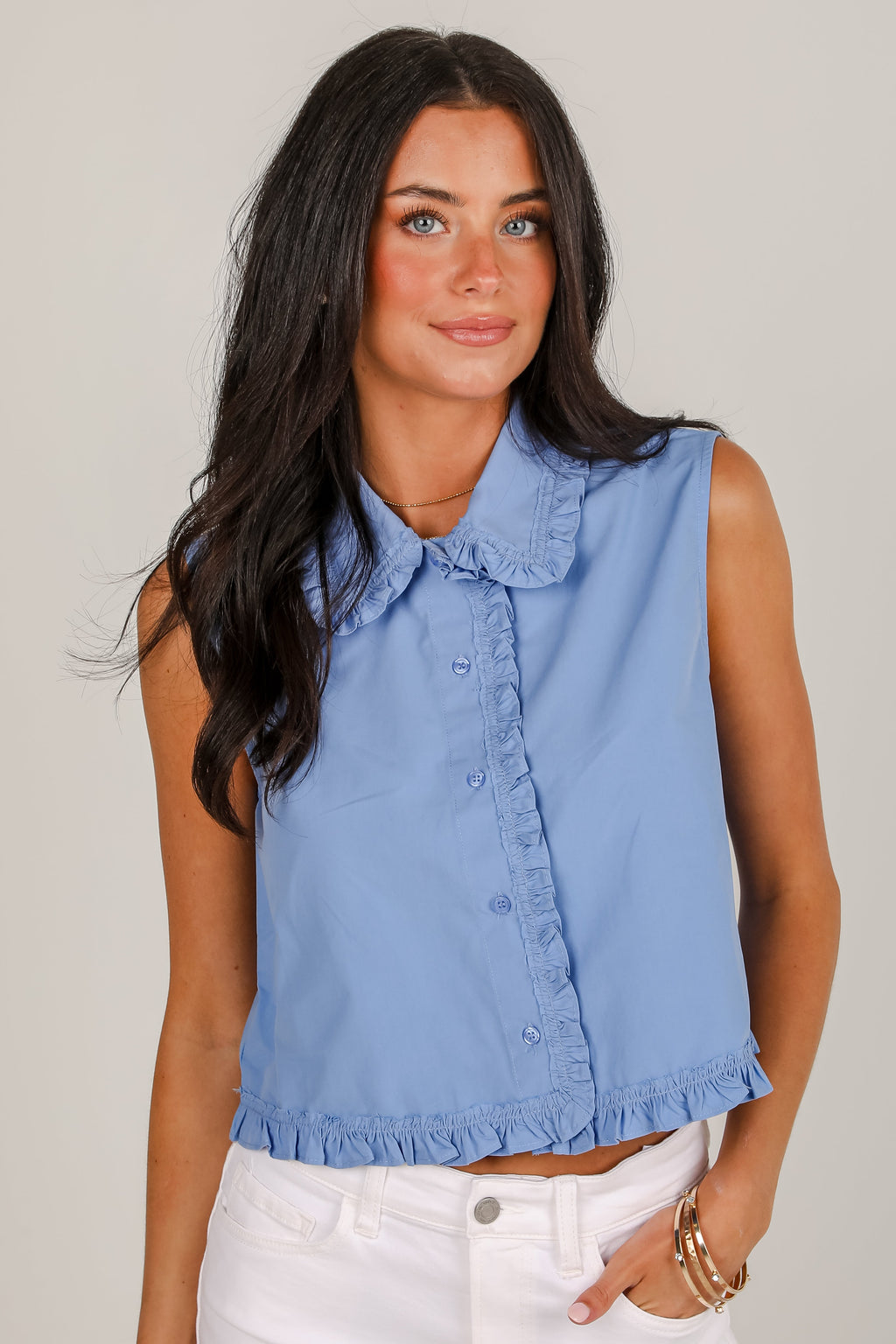 FINAL SALE - Win Them Over Blue Ruffle Blouse